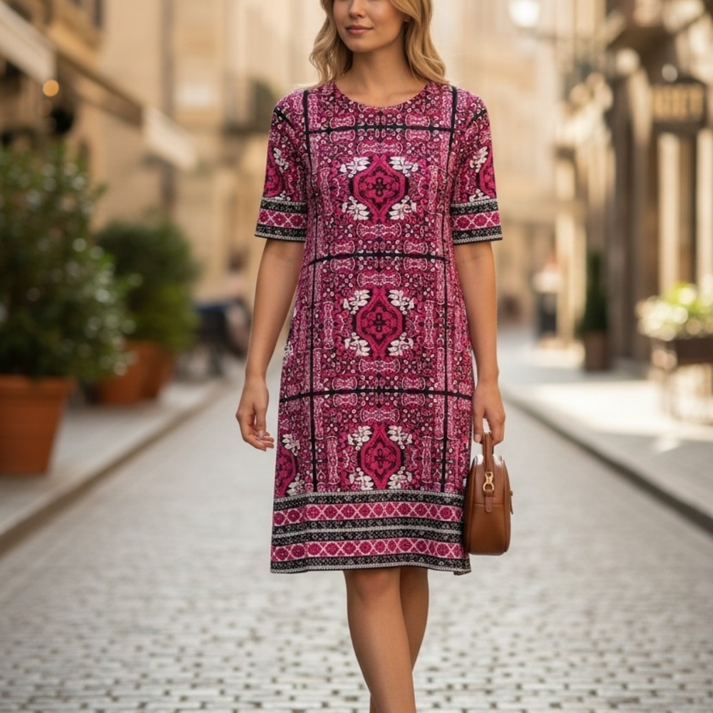 Roz & Ali Pink Black Medallion Print Shift Dress Plus Size 1X Stretch Career